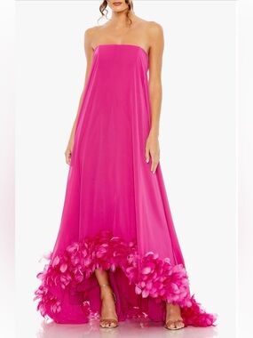 Mac Duggal Chiffon Strapless High Low Feather Hem Dress